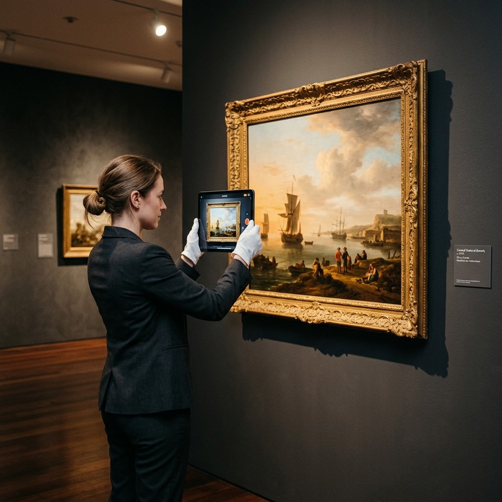 Konservatorin dokumentiert ein Gemälde im Museum mit dem iPad