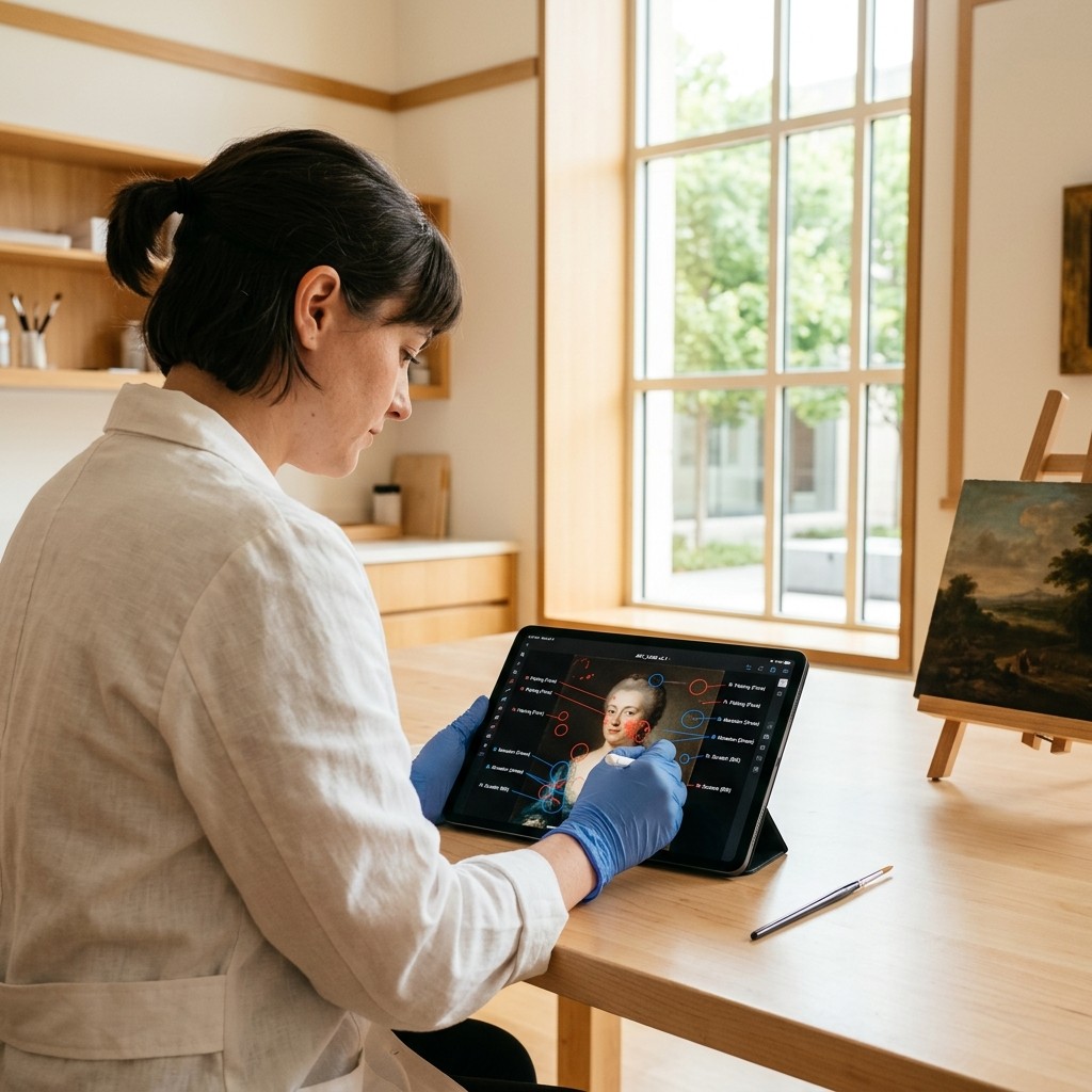 Restauratorin dokumentiert Schäden auf einem iPad in einem modernen Restaurierungsstudio